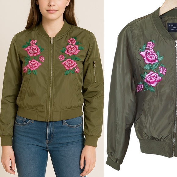 Love Tree Olive Green Floral Embroidered Bomber Jacket - Picture 1 of 16
